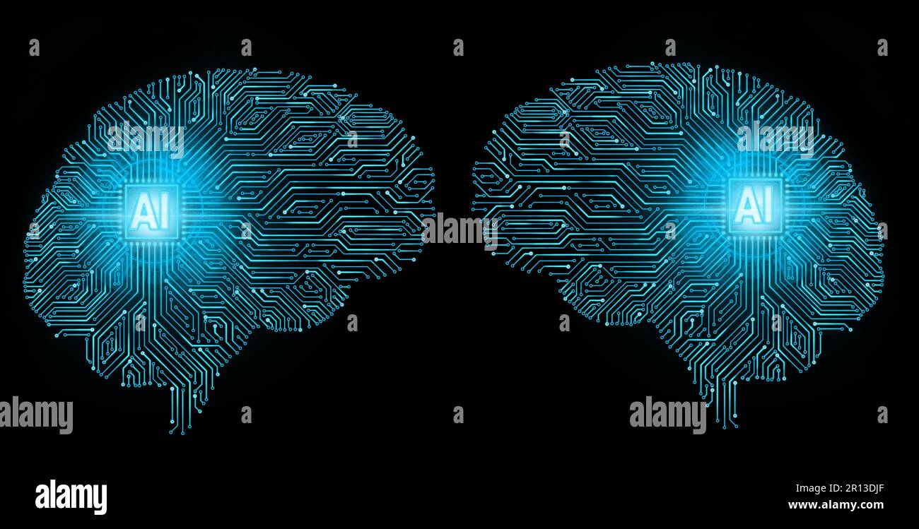 KI-Konzept (künstliche Intelligenz). Menschliches Gehirn mit Leiterplatte. Digitales Gehirn mit blauen neuralen Verbindungslinien und leuchtenden Punkten Stockfoto