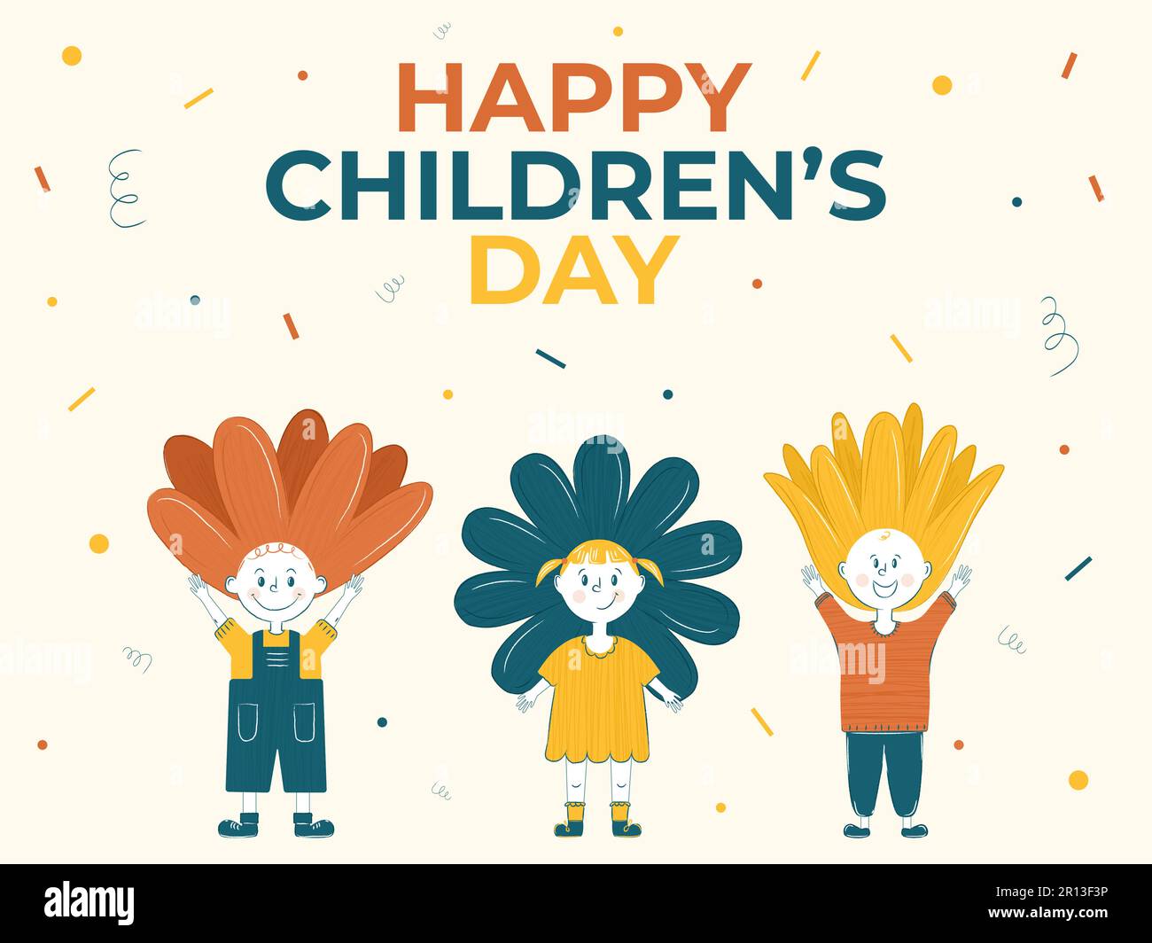 Alles gute zum Kindertag. Banner für den Welt-Kindertag. Ein Vektorfilm mit Mädchen und Jungen in Form von Blumen. Kinder sind die Blumen des Lebens. Stock Vektor