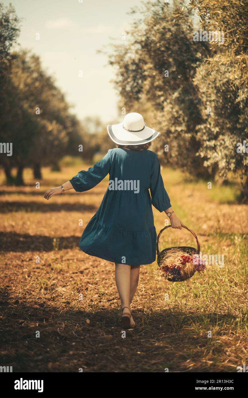Eine schwangere Frau in einem blauen Kleid und einem weißen Hut schlendert durch ein Olivenfeld. Sie trug einen Korb voller trockener Blumen und drehte sich mit dem Rücken zu ihr Stockfoto