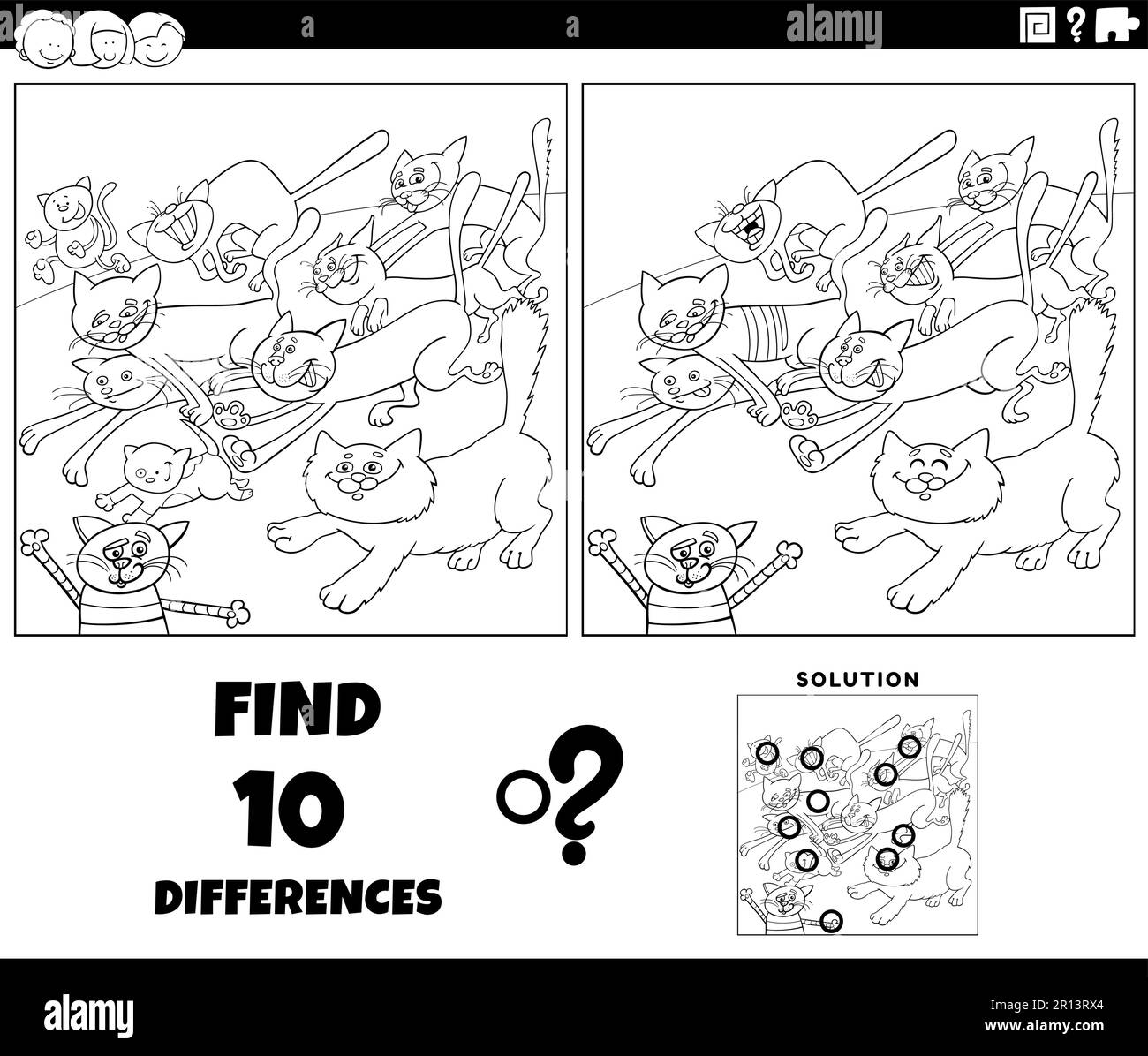 Schwarz-weiß-Cartoon-Darstellung der Unterschiede zwischen Bildern pädagogisches Spiel mit lustigen Laufkatzen Tierfiguren Farben p Stock Vektor