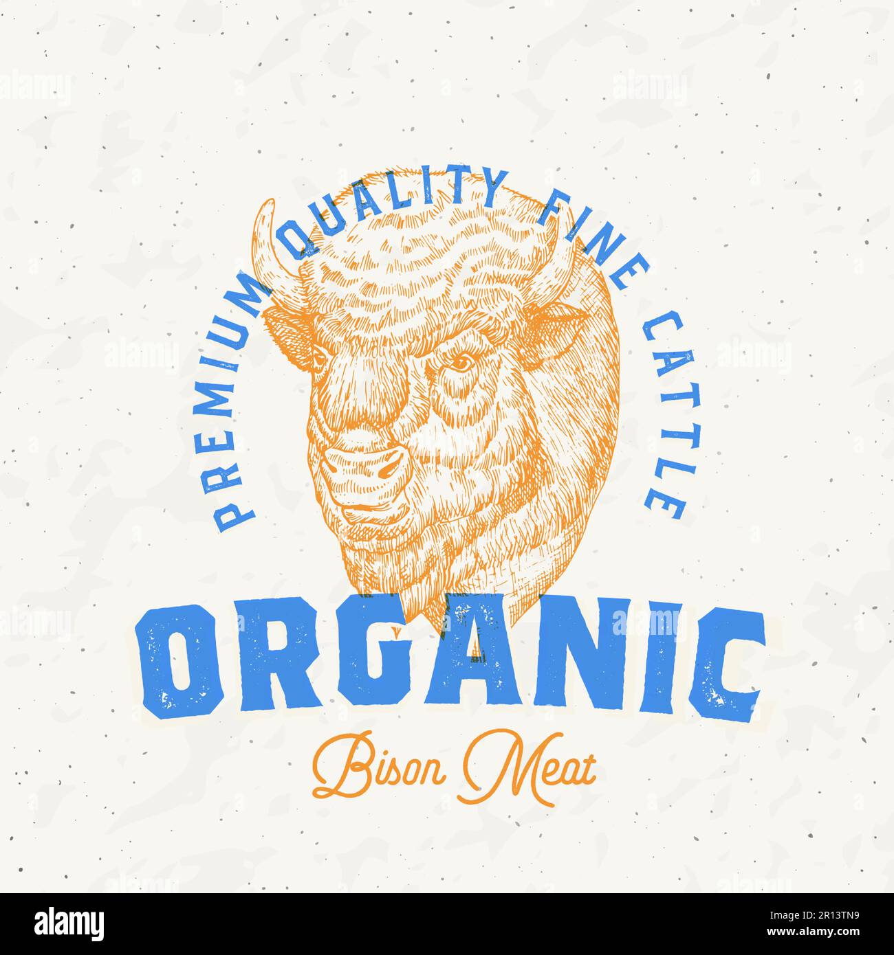 Risograph Style Bison Meat Farm Retro Logo-Vorlage. Handgezeichnete Buffalo-Rinder-Gesichtszeichnung mit Retro-Typographie. Vintage Steaks Sketch Emblem Stock Vektor