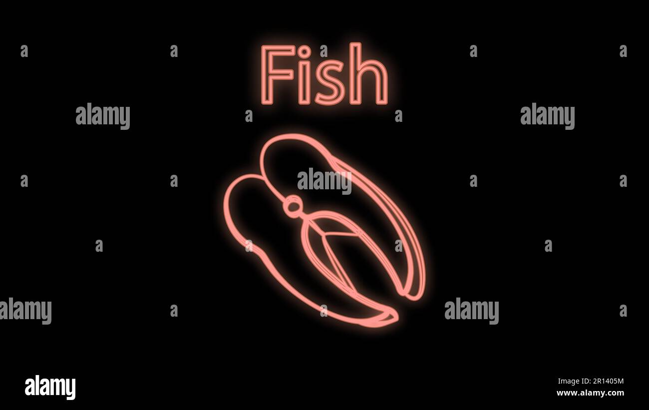 Lachs auf schwarzem Hintergrund, Vektordarstellung, Neon. Ein Stück rosa Räucherlachs. Neonschild in Pink. Beleuchtung, Einrichtung für ein Café und ein Restaurant Stock Vektor