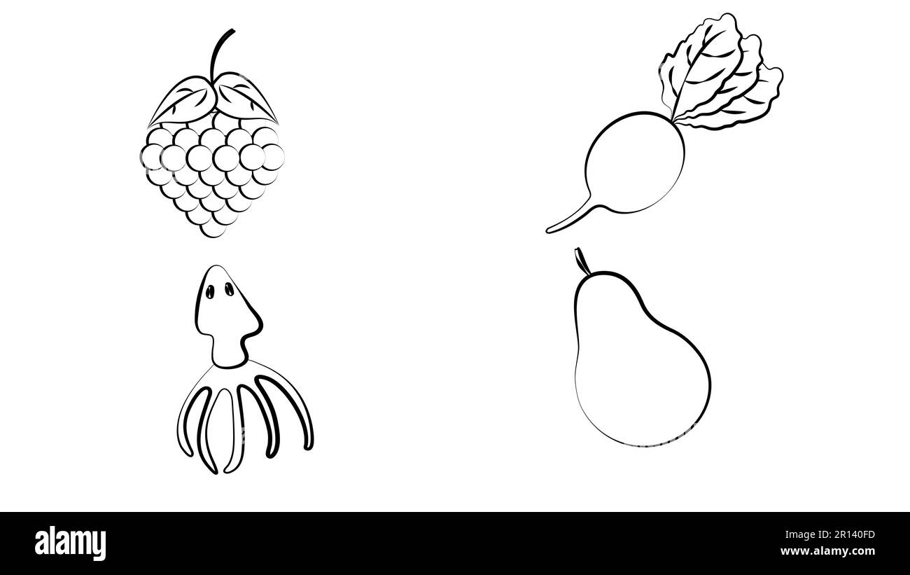 Symbolset für Obst und Gemüse. Vegane natürliche Bio-Piktogramme. Artischocke, Spargel, Weizen, Bananen, Trauben, Lauch, Knoblauch, Ingwer. Müsli, Diät. Stock Vektor