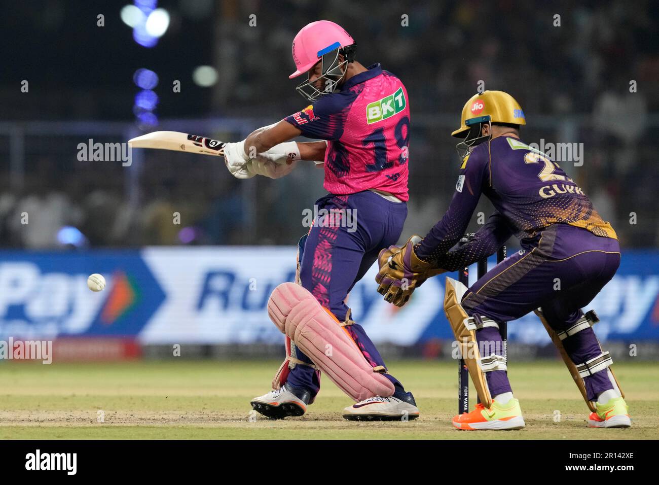 Rajasthan Royals' Yashasvi Jaiswal, left, plays a shot during the