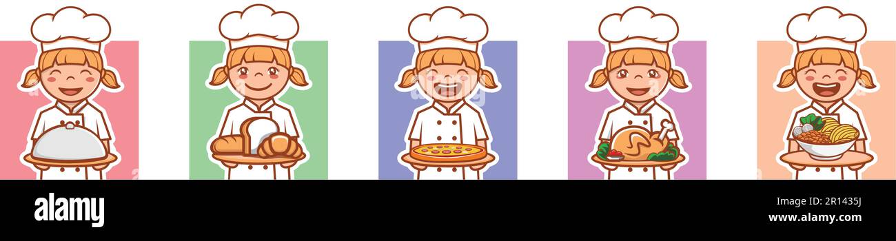Smiling Girl Cute Kitchen Chef hat hat Cartoon mit einem Tablett mit verschiedenen Speisen Baguitte, Weißbrot, Croissant, Pizza, Brathähnchen, Nudeln-Chara Stock Vektor