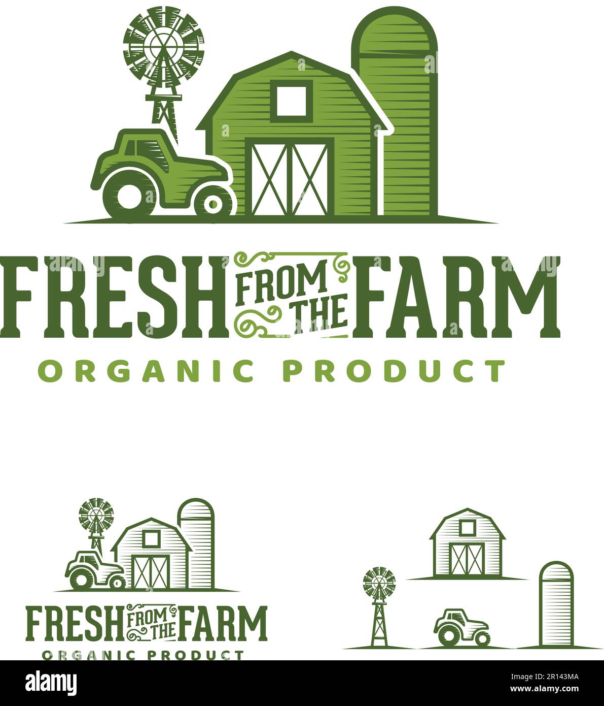 Landwirtschaftsbetrieb Fresh Logo-Symbol-Vektorsatz. Windmühle, Scheune, Traktor und Silo. Stock Vektor