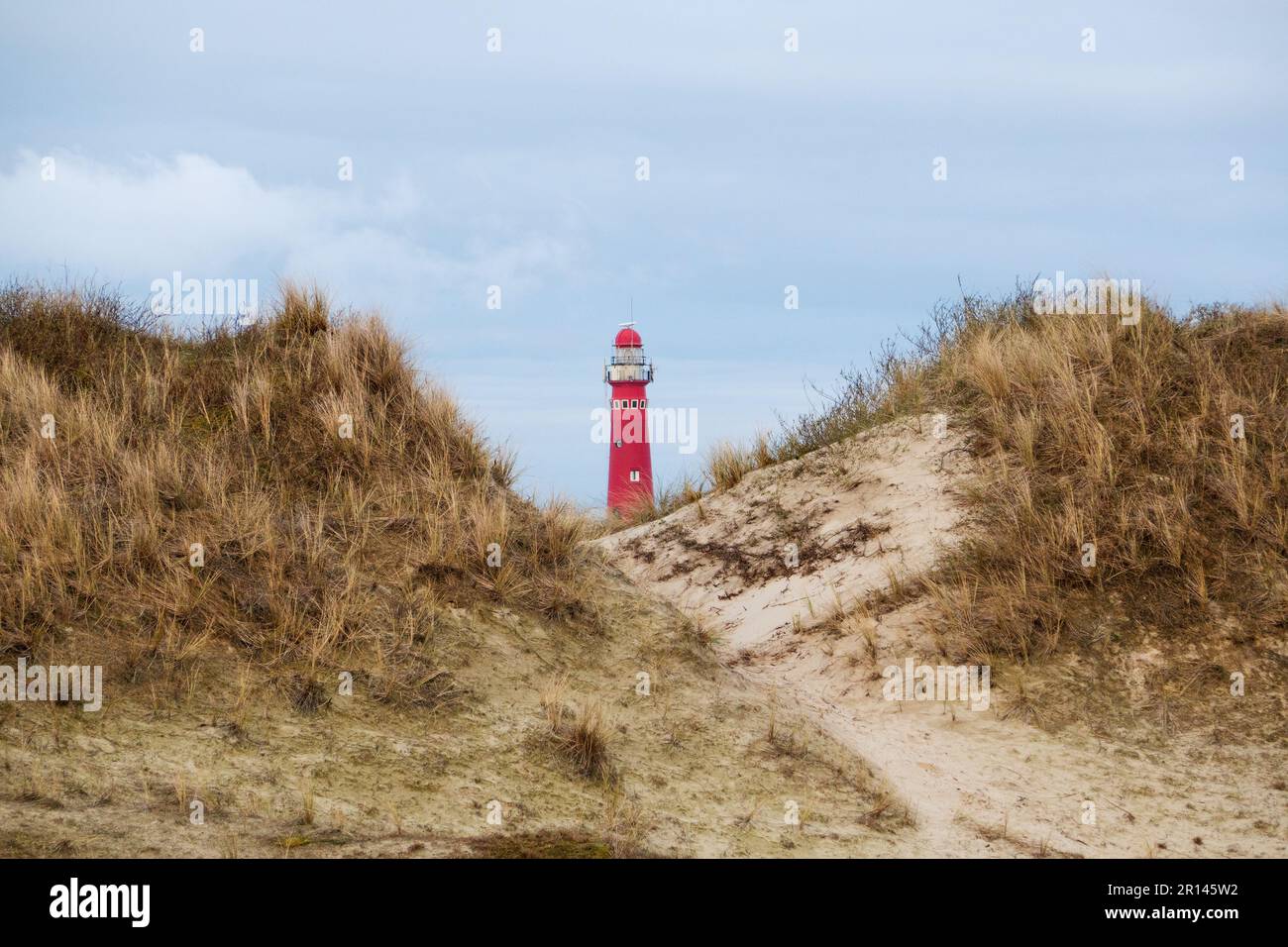 Blick zwischen zwei Dünen auf dem roten Leuchtturm der niederländischen Insel Schiermonnikoog Stockfoto