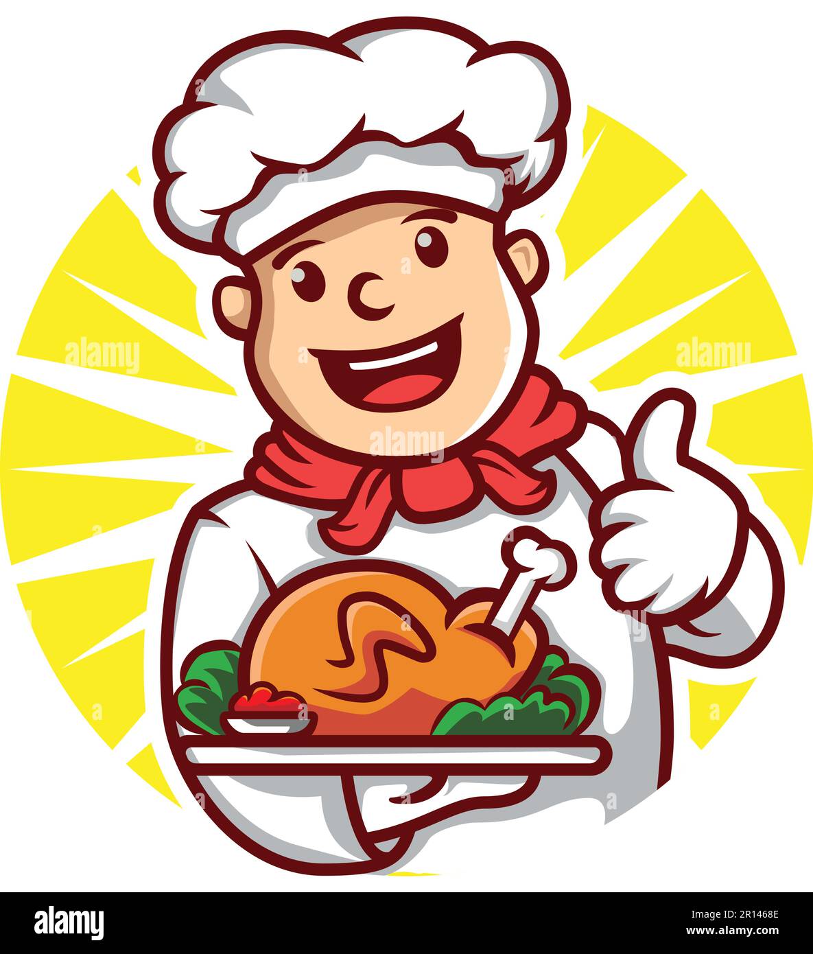 Ein Karikaturenschauspiel des Küchenchefs hält ein Tablett mit gebratenem Hähnchen in der Hand und gibt dem Maskottchen mit den Daumen nach oben einen Illustrationsvektor Stock Vektor