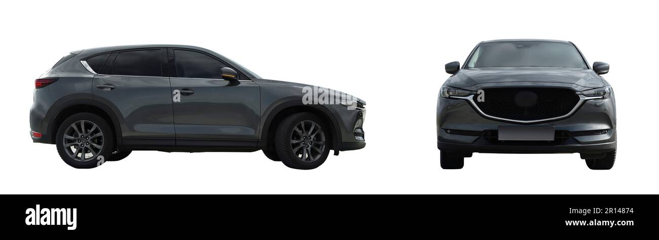 Neues, teures schwarzes Auto, isoliert auf weißer Collage. Bannerdesign Stockfoto