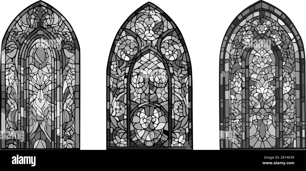Katholische oder christliche Dekorationen. Kirchentafeln, dekoriert mit farbigem Mosaikglas in verschiedenen Formen. Wunderschöne Sammlung von Glasfenstern mit einem abstrakten Bild Stock Vektor