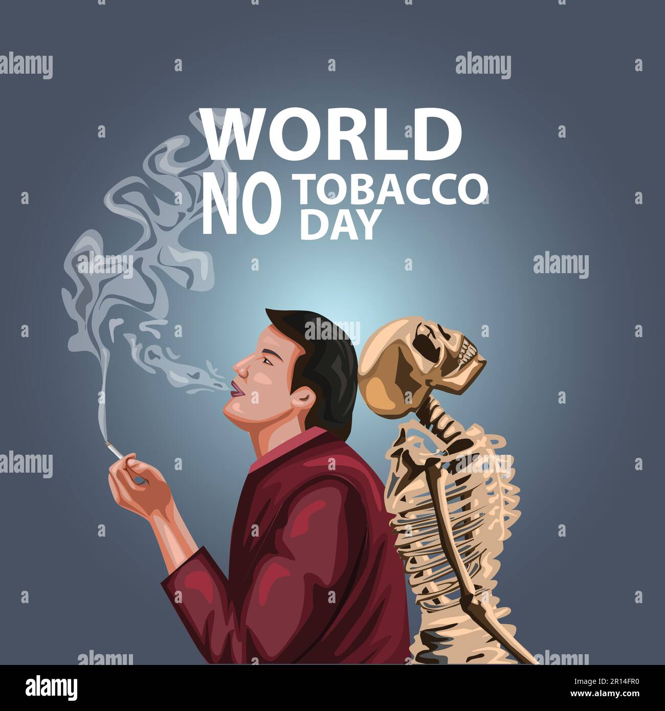 Welt-kein-Tabak-Tag-Poster. Junger Mann, der mit einem Skelett raucht. Abstraktes Vektordesign Stock Vektor