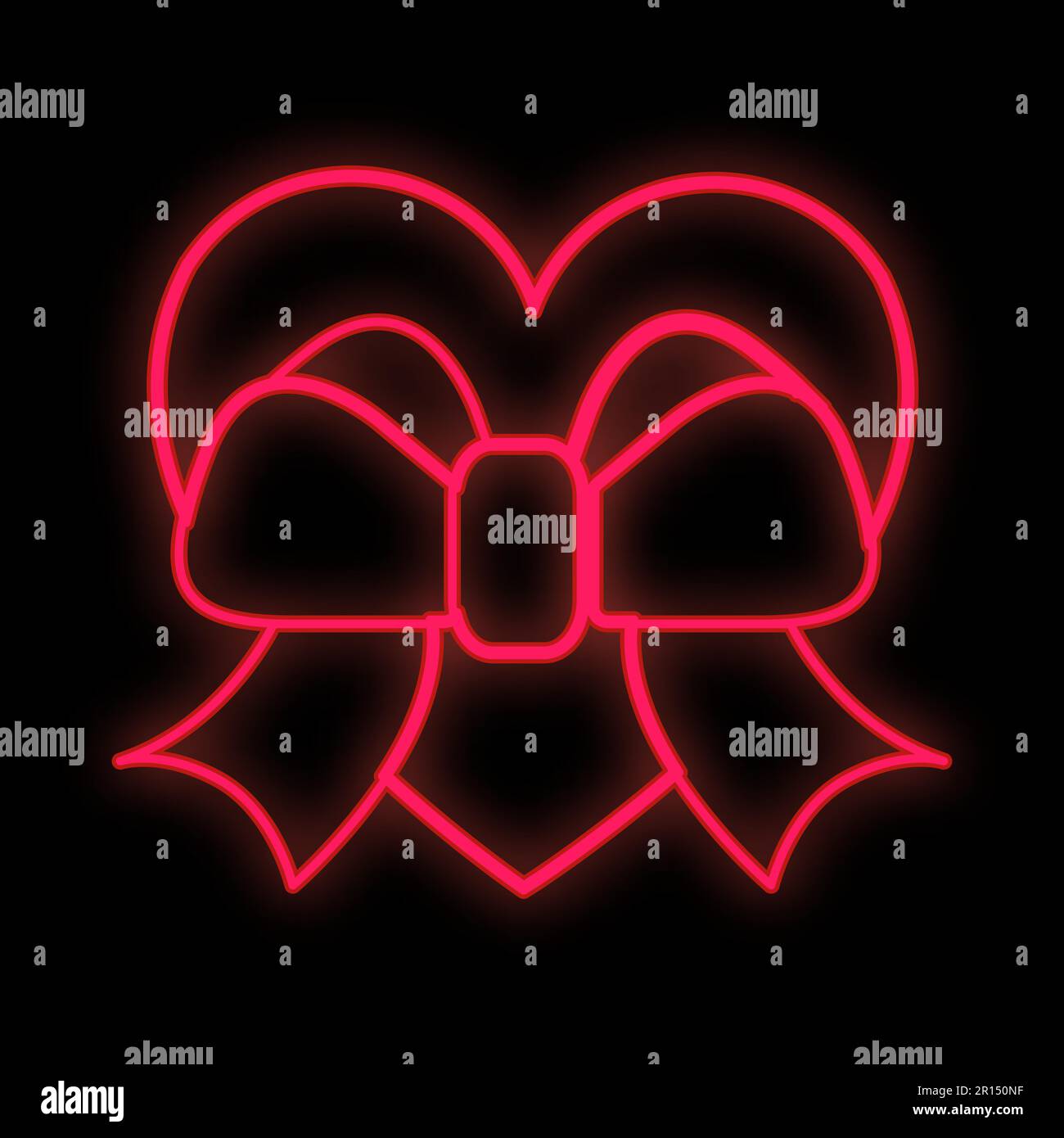 Leuchtend leuchtend rotes festliches digitales Neonschild für ein Geschäft oder eine Karte wunderschön glänzend mit einem Liebesherz und einer Schleife auf schwarzem Hintergrund. Vektor-Illustration Stock Vektor