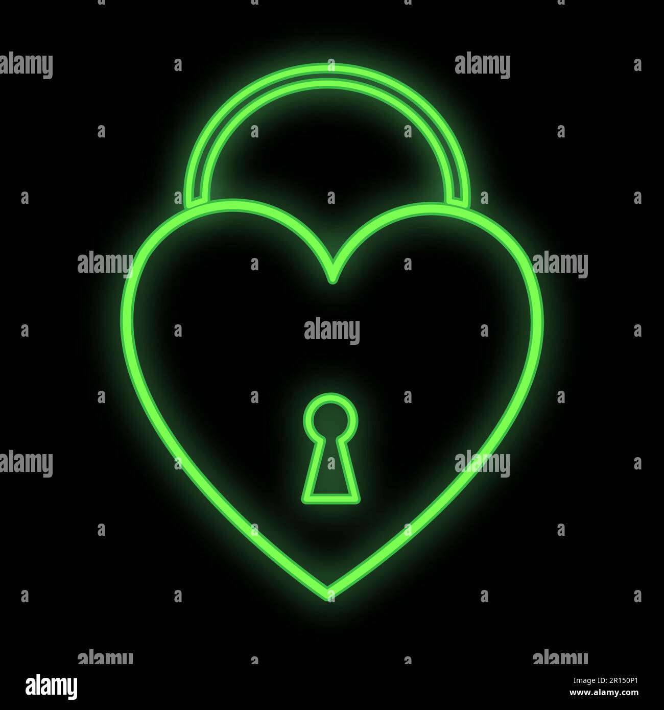 Leuchtendes grünes festliches digitales Neonschild für ein Geschäft oder eine Karte wunderschön glänzend mit Liebesherzen in Form eines Türschlosses auf schwarzem Hintergrund. Stock Vektor