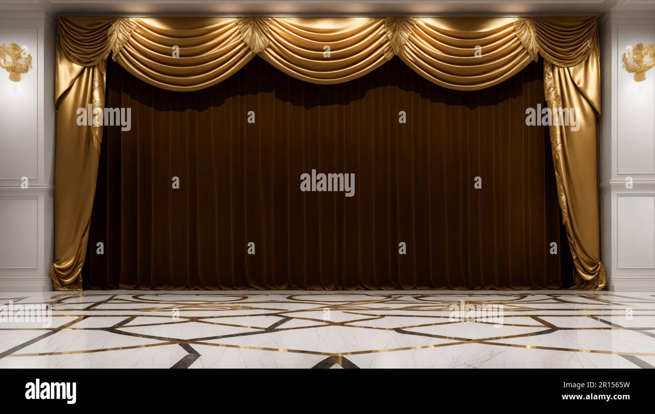 Ein Raum mit Marmorboden, goldenem Vorhang und Scheinwerfern für teure Präsentationsveranstaltungen, Premiere der Theaterbühne Stockfoto