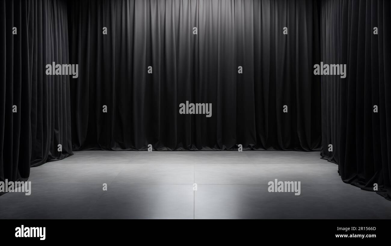 Steinfeldbühne mit dunklem Vorhanghintergrund und Scheinwerfern für Präsentationen im Ausstellungsraum Stockfoto