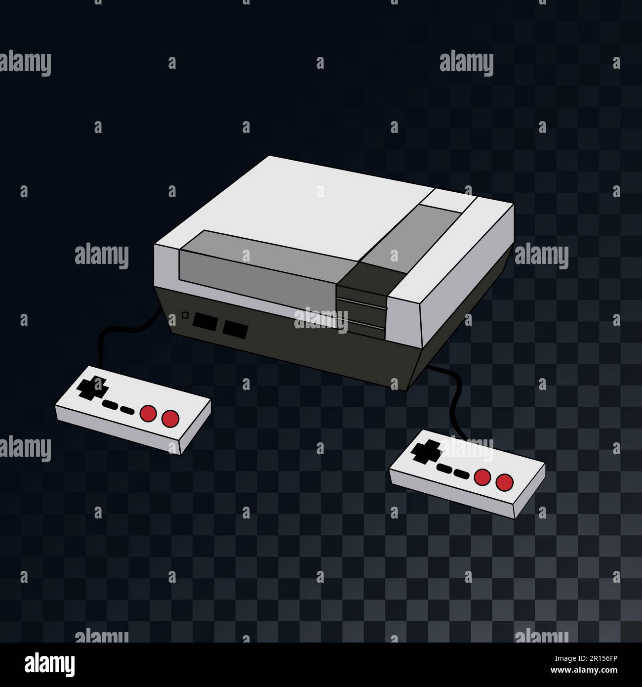 Eine alte Retro-Videospielkonsole mit Joysticks aus den 70s, 80s und 90s Jahren auf einem durchsichtigen dunkelgrauen Hintergrund mit Quadraten. Vektorillus Stock Vektor