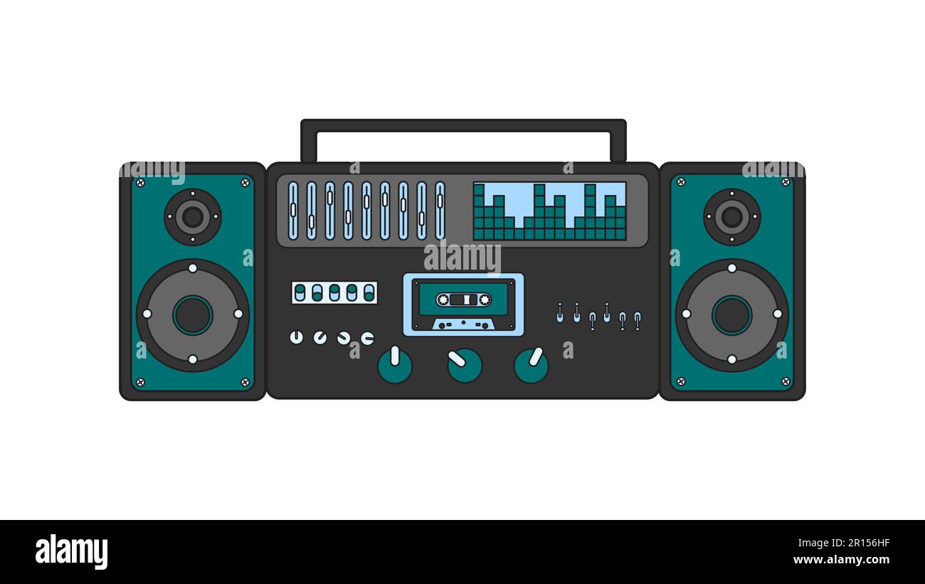 Alter Retro-Musikkassettenrekorder mit Magnetband auf Rollen und Lautsprechern aus den 70s, 80s und 90s Jahren. Eine wunderschöne Ikone. Vektordarstellung. Stock Vektor