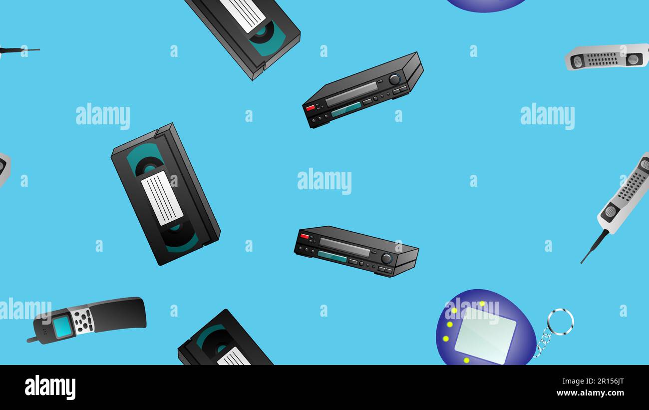 Nahtloses Muster von alten Hipster-Technologie Computer Kassetten Kassetten Kassetten Kassetten Mobiltelefone ab den 70s, 80s, 90s und 2000s Jahren Stock Vektor