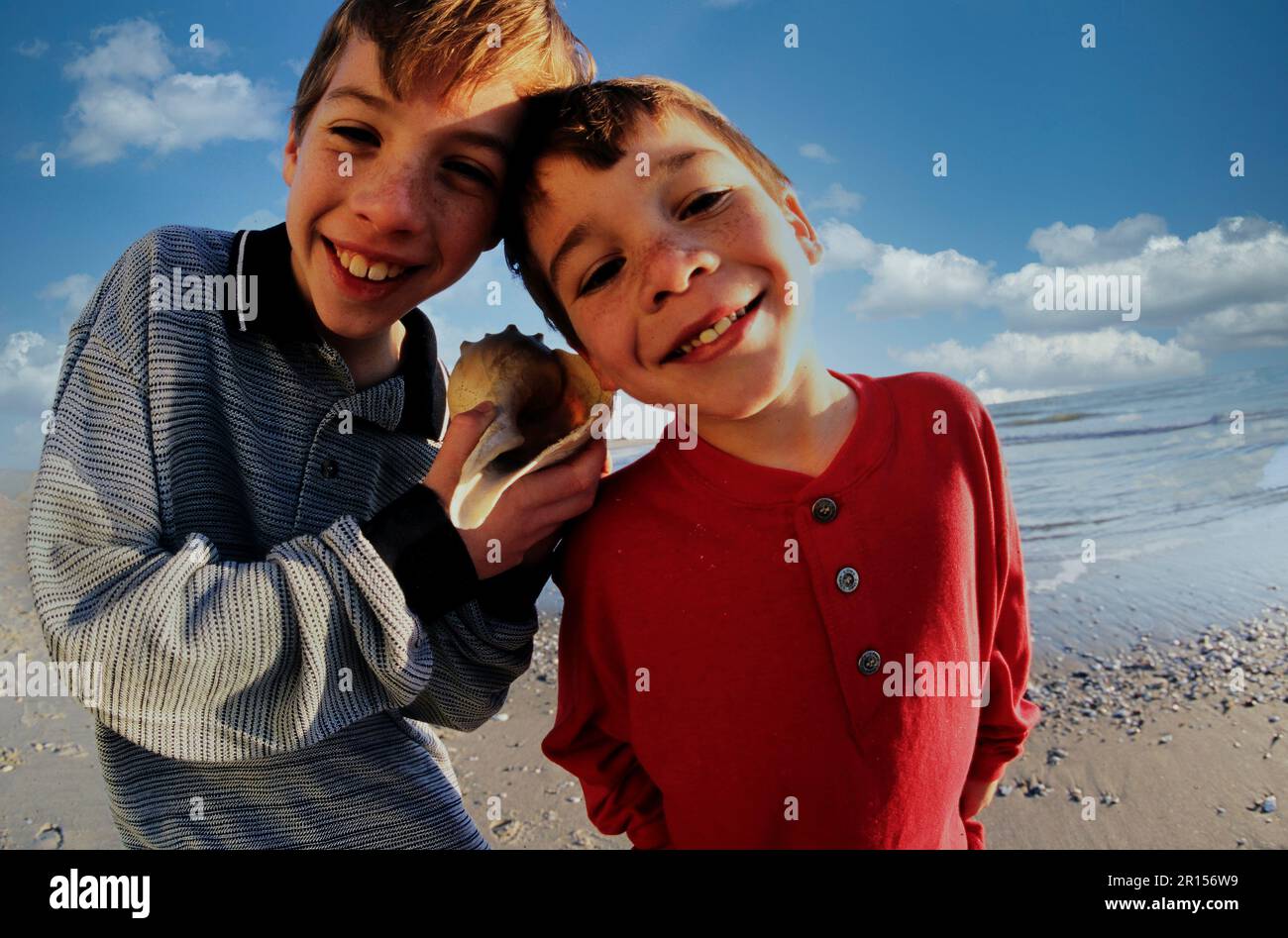Porträt von zwei Brüdern am Strand mit der Muschel Stockfoto