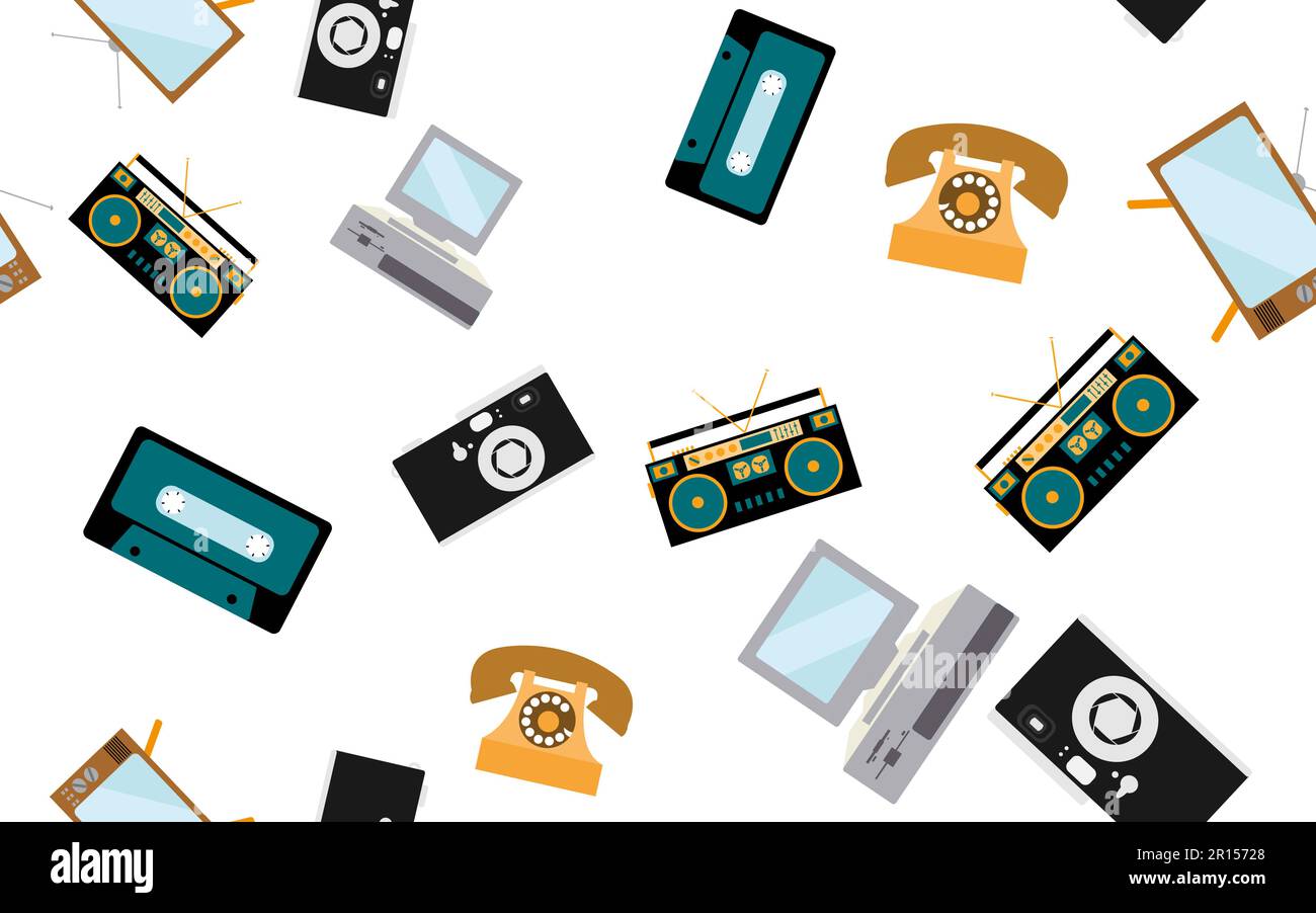 Textur, nahtloses Muster aus der Retro-Elektronik, alte Hipster-Technologie: Kamera, Computer, Audiokassette, Kassettenrekorder, Telefon, FERNSEHER Stock Vektor