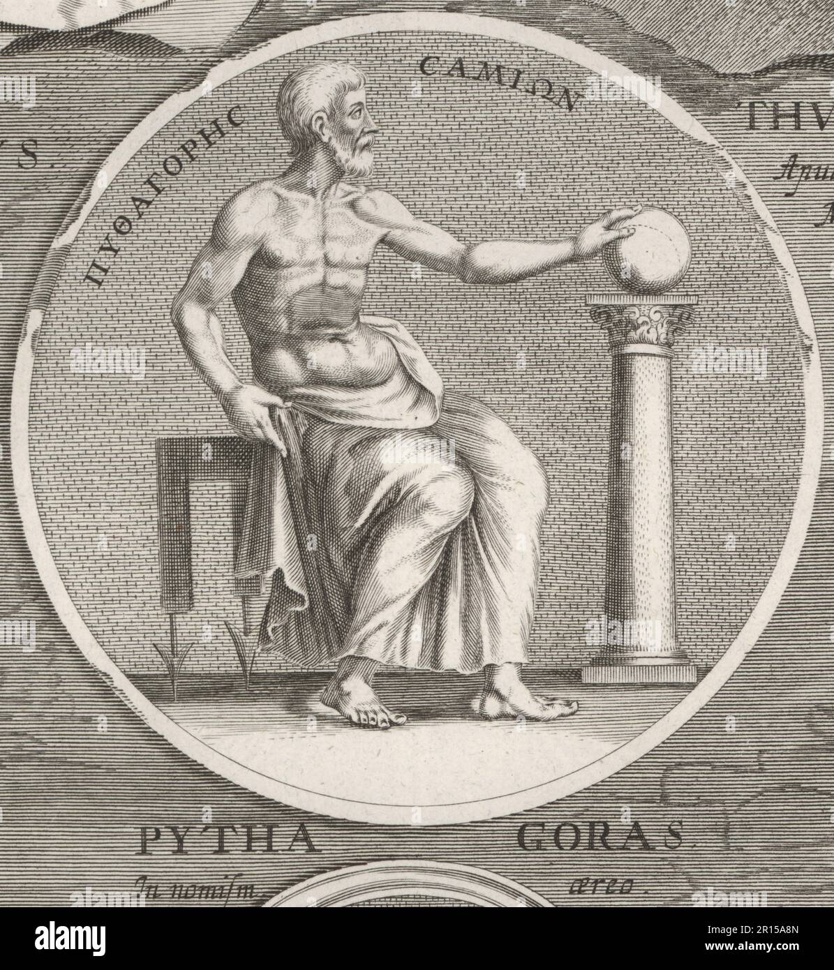Pythagoras von Samos, antiker Ionischer griechischer Philosoph und der gleichnamige Gründer des Pythagorenismus, c.570-495 v. Chr. Mit der Hand auf einem Globus sitzen. Von einer Münze. Pythagoras. Copperplate-Gravur nach einer Illustration von Joachim von Sandrart von seiner L’Academia Todesca, della Architectura, Scultura & Pittura, oder Teutsche Academie, der Edlen Bau- Bild- und Mahlerey-Kunste, Deutsche Akademie für Architektur, Skulptur und Gemälde, Jacob von Sandrart, Nürnberg, 1675. Stockfoto
