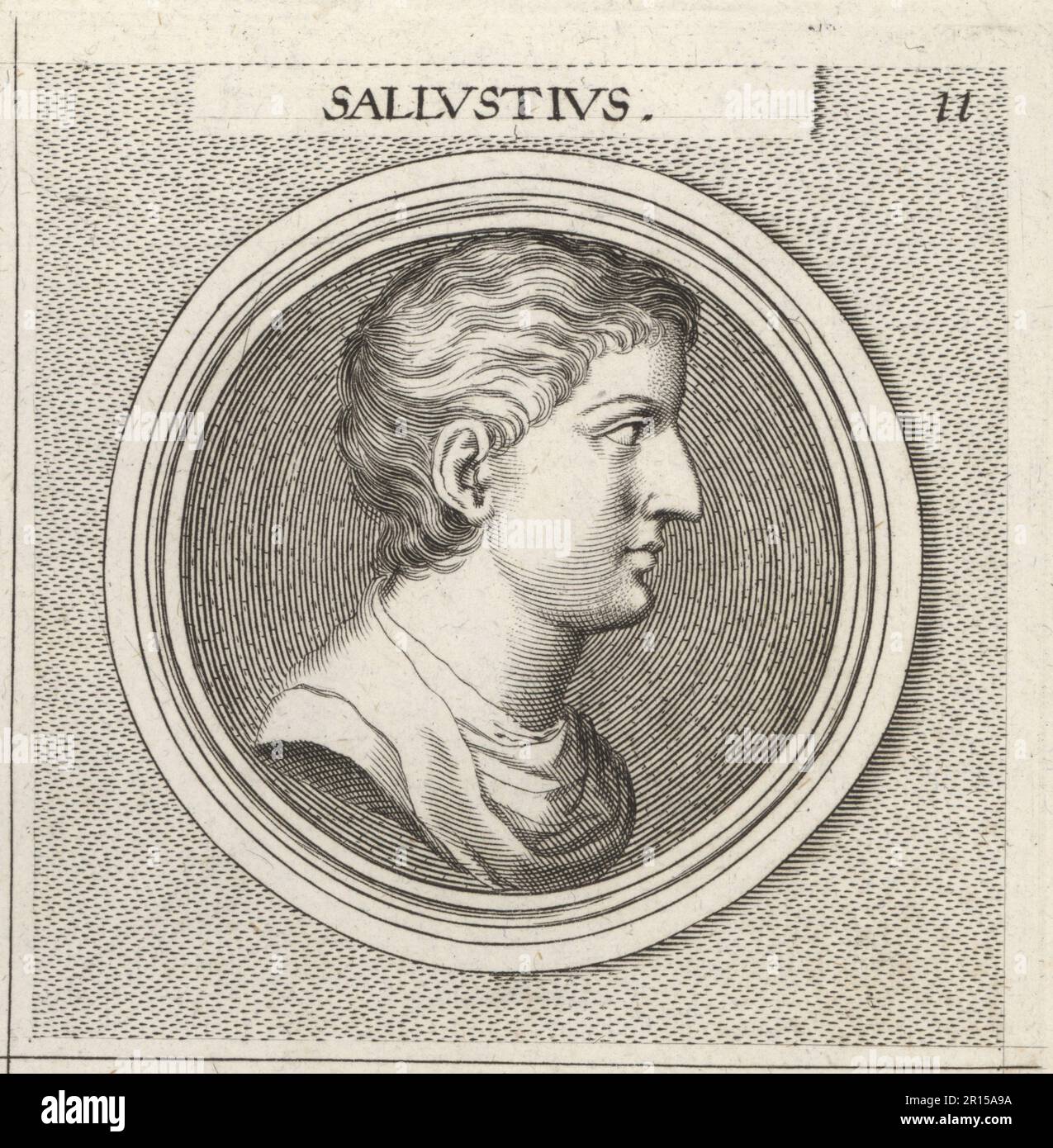 Sallust oder Gaius Sallustius Crispus, römischer Historiker und Politiker aus einer italienischen plebeianischen Familie, 86-c.35 v. Chr. Sallustius. Copperplate-Gravur nach einer Illustration von Joachim von Sandrart von seiner L’Academia Todesca, della Architectura, Scultura & Pittura, oder Teutsche Academie, der Edlen Bau- Bild- und Mahlerey-Kunste, Deutsche Akademie für Architektur, Skulptur und Gemälde, Jacob von Sandrart, Nürnberg, 1675. Stockfoto