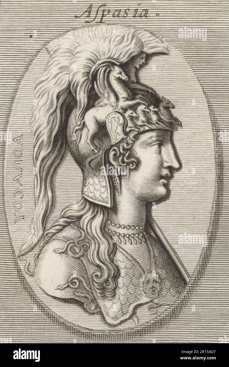 Aspasia, geboren in Miletus, zog nach Athen und wurde berühmt für ihre Beziehung zum Staatsmann Pericles, 5. Jahrhundert v. Chr. In einem Helm, geschmückt mit vier Pferden, trägt Pegasus ein Dreifachwappen. Copperplate-Gravur nach einer Illustration von Joachim von Sandrart von seiner L’Academia Todesca, della Architectura, Scultura & Pittura, oder Teutsche Academie, der Edlen Bau- Bild- und Mahlerey-Kunste, Deutsche Akademie für Architektur, Skulptur und Gemälde, Jacob von Sandrart, Nürnberg, 1675. Stockfoto