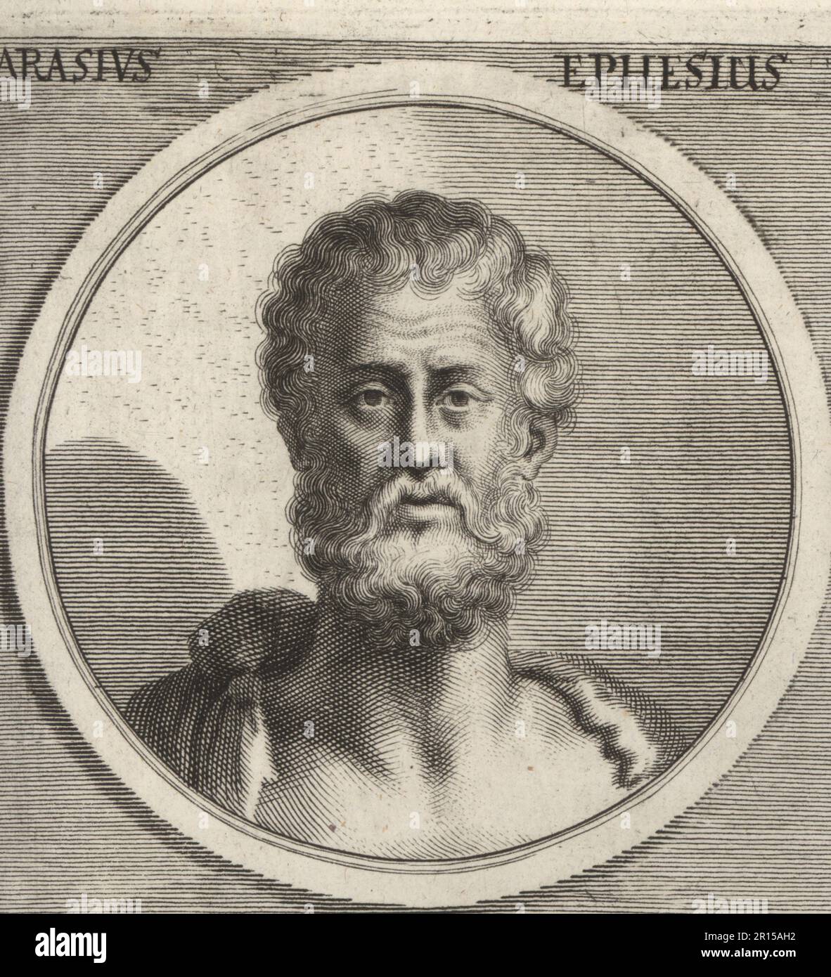 Parrhasius von Ephesus, einer der größten Maler des antiken Griechenlands, aktiv vor 399 v. Chr. Parasius Ephesius. Copperplate-Gravur von Philipp Kilian nach einer Illustration von Joachim von Sandrart von seiner L'Academia Todesca, della Architectura, Scultura & Pittura, oder Teutsche Academie, der Edlen Bau- Bild- und Mahlerey-Kunste, Deutsche Akademie für Architektur, Skulptur und Gemälde, Jacob von Sandrart, 1675. Stockfoto