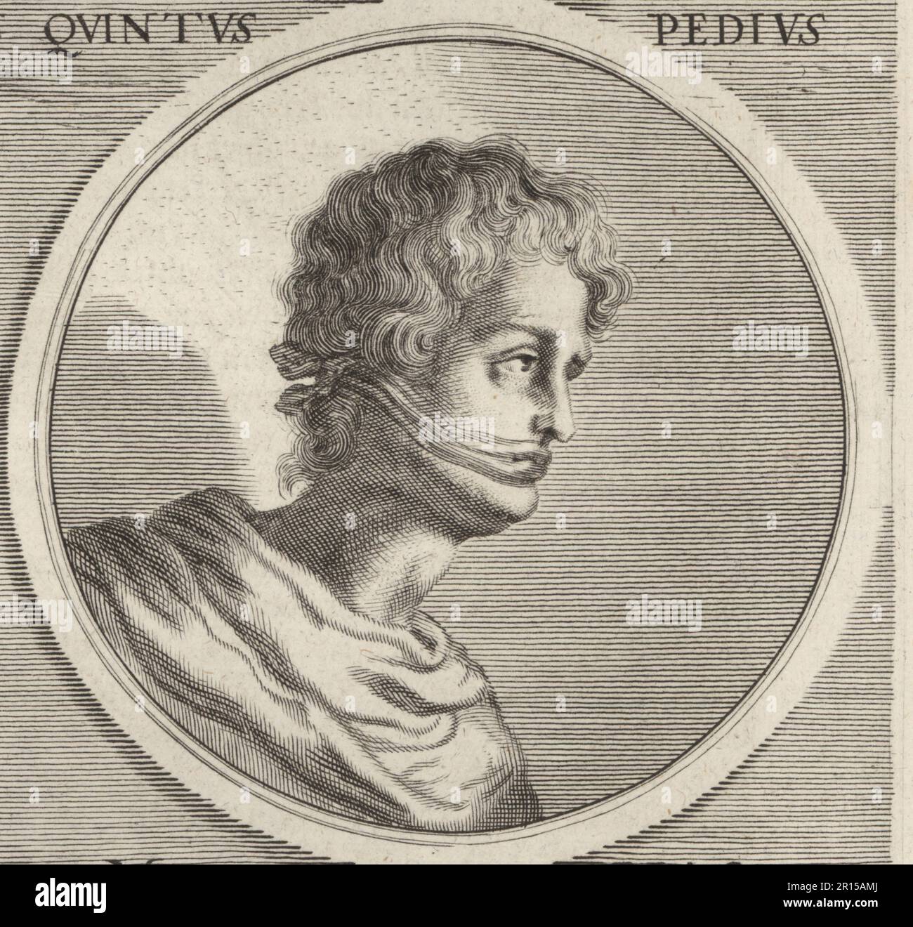 Quintus Pedius, stummer römischer Maler, starb etwa 13 v. Chr. Beschrieben vom römischen Autor Pliny. Er wird als stumm dargestellt, sein Mund ist mit einem Stoffband bedeckt, möglicherweise taub. Quintus Pedius. Copperplate-Gravur von Philipp Kilian nach einer Illustration von Joachim von Sandrart von seiner L'Academia Todesca, della Architectura, Scultura & Pittura, oder Teutsche Academie, der Edlen Bau- Bild- und Mahlerey-Kunste, Deutsche Akademie für Architektur, Skulptur und Gemälde, Jacob von Sandrart, 1675. Stockfoto