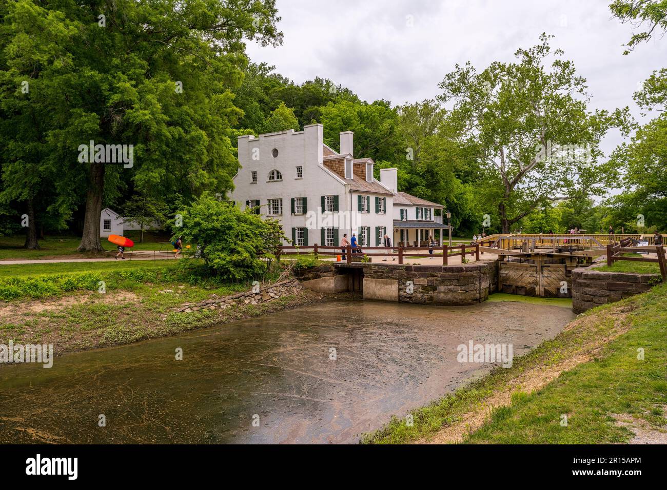 Blick auf das Besucherzentrum im Chesapeake and Ohio Canal National Historical Park im Bundesstaat Maryland, Vereinigte Staaten von Amerika. Stockfoto