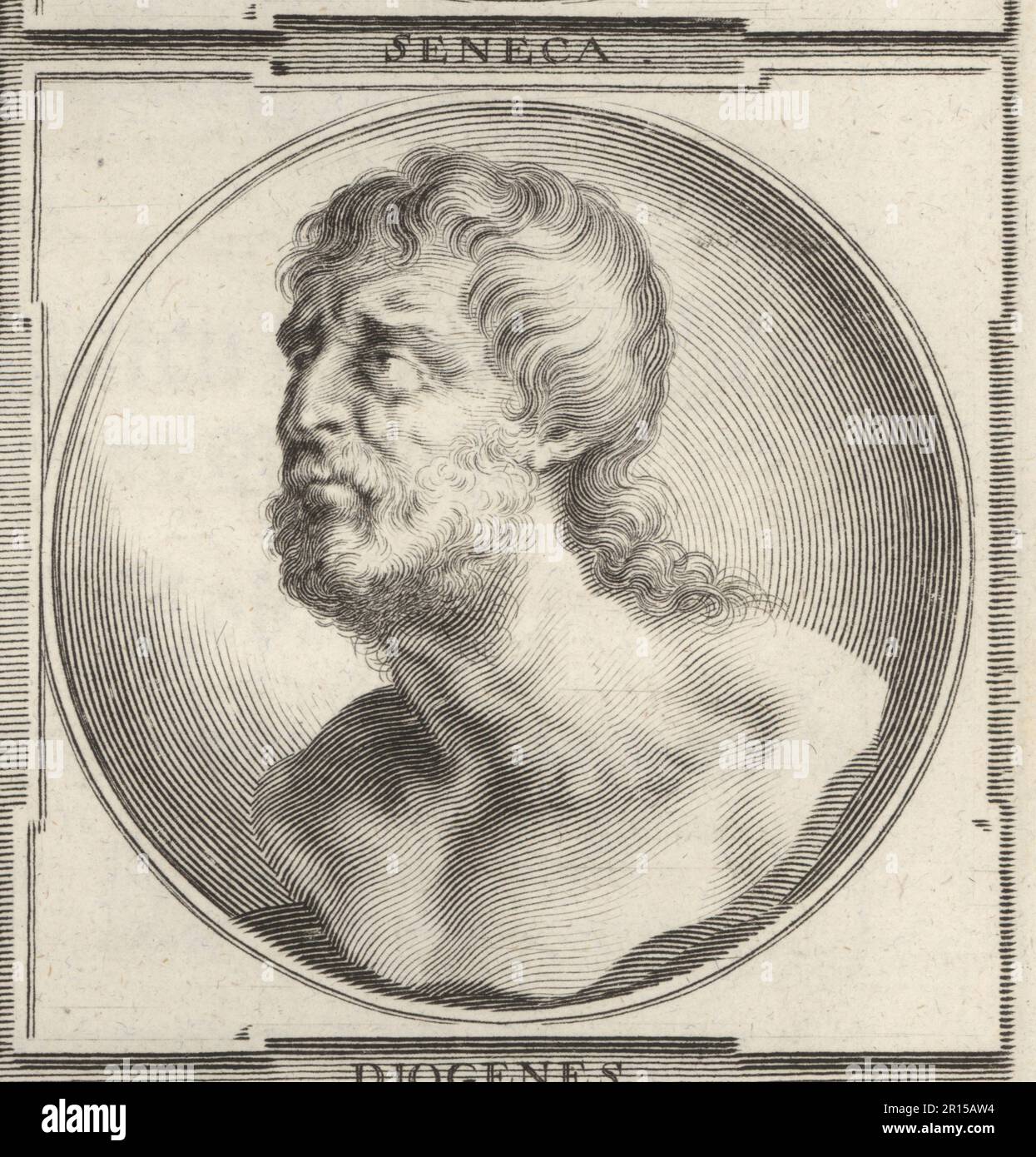 Lucius Annaeus Seneca, der jüngere, stoische Philosoph des antiken Roms, c. 4 v. Chr. - 65 n. Chr. Staatsmann, Dramatiker und Satiriker des postaugustanischen Zeitalters der lateinischen Literatur. Seneca. Copperplate-Gravur von Bartholomaus Kilian nach einer Illustration von Joachim von Sandrart von seiner L'Academia Todesca, della Architectura, Scultura & Pittura, oder Teutsche Academie, der Edlen Bau- Bild- und Mahlerey-Kunste, Deutsche Akademie für Architektur, Skulptur und Gemälde, Jacob von Sandrart, 1675. Stockfoto