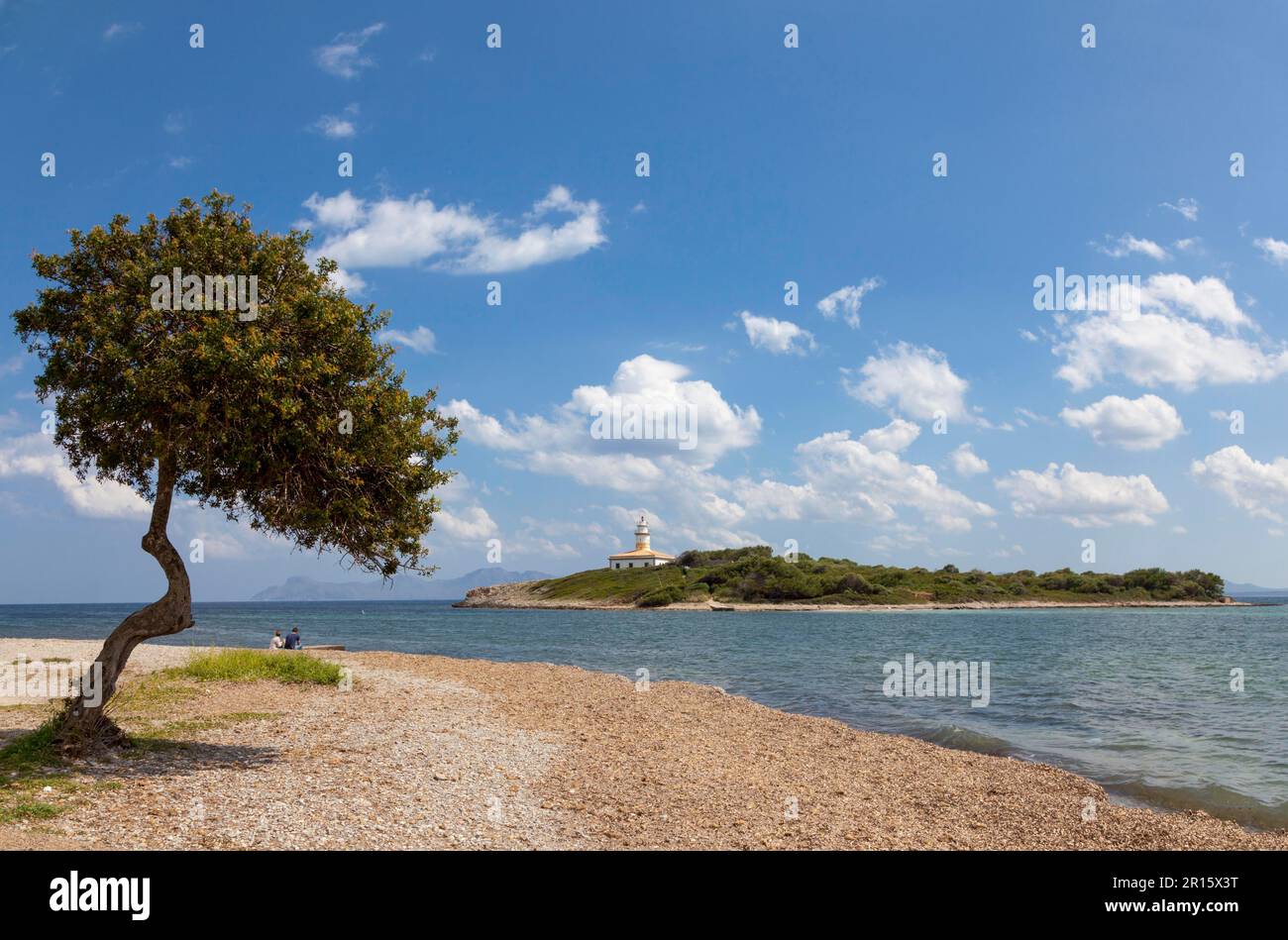 Faro Isla de Alcanada in Bahia d'Alcudia Stockfoto