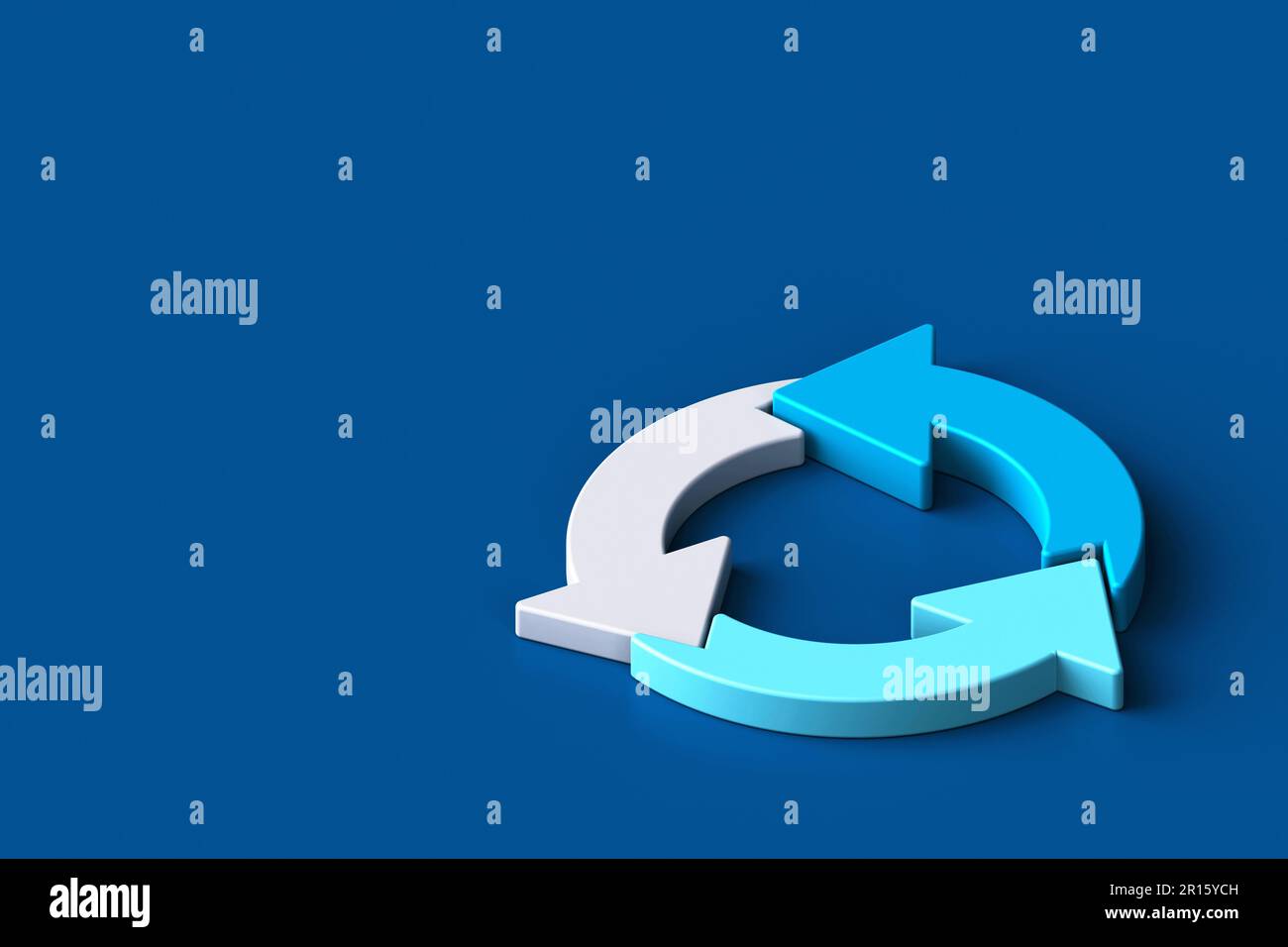 Drei Pfeile aktualisieren Symbol, 3D Kreis drehen Symbol, 3D aktualisieren Symbol auf blauem Hintergrund. 3D-Rendering Stockfoto