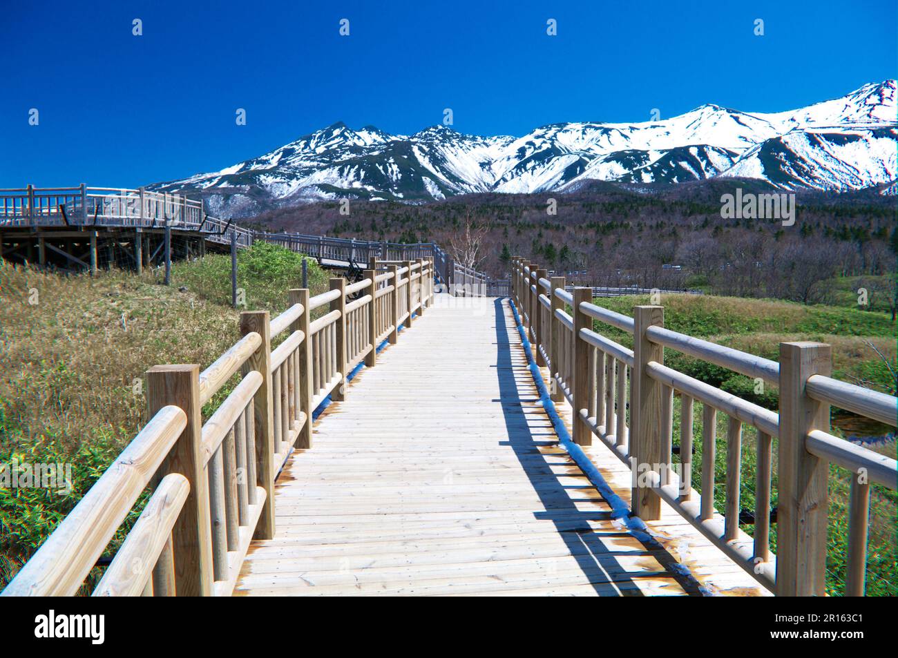 Shiretoko Gebirgskette und eine Promenade auf den fünf Seen von Shiretoko Stockfoto