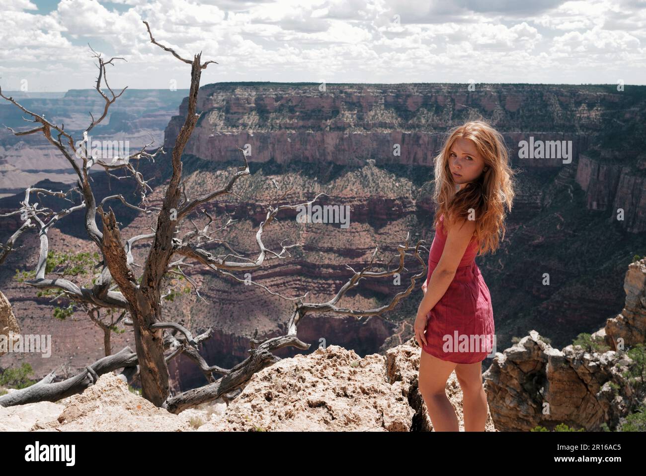 Reisen und atemberaubende Aussicht, Abenteuer-Konzept. Frau auf Grand Canyon. Junge Frau mit szenischer dramatischer Aussicht auf den amerikanischen Nationalpark. Stockfoto