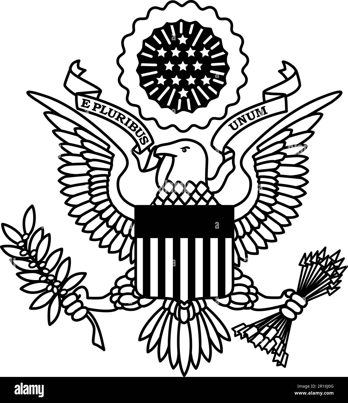 Great Seal of the United States of America; 1/c Black Line Art. Plotter, Vinylschneider-sicher – geschlossene, flache Formen, keine Überschneidungen, keine Mischungen. Stock Vektor