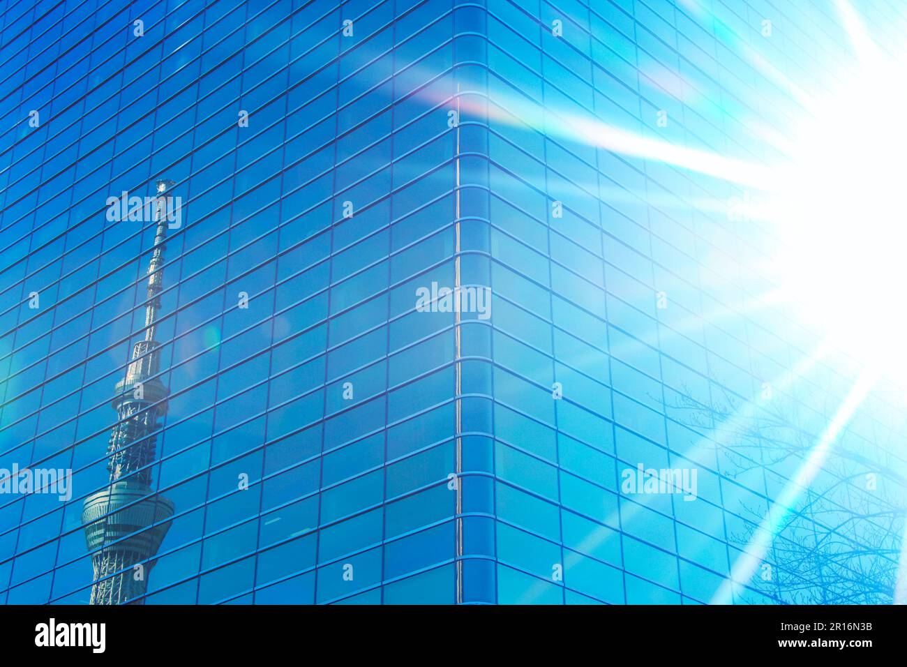 Der Sonnenschein und der Tokyo Sky Tree spiegeln sich in der Glaswand des Gebäudes wider Stockfoto