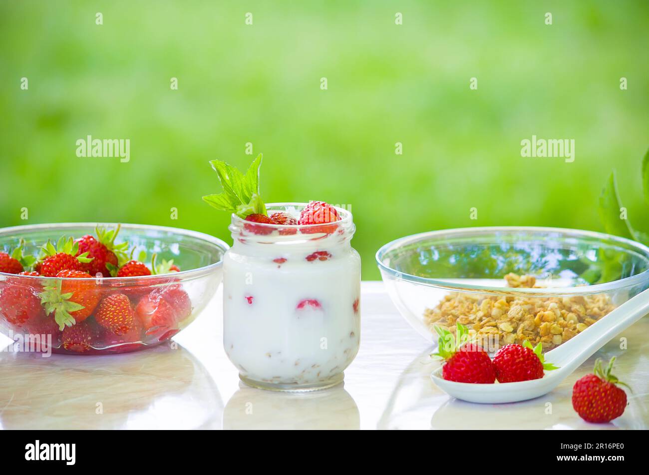 Griechischer Joghurt, Erdbeeren- und Minzparfaits mit frischen Beeren. Straffung. Selektiver Fokus Stockfoto
