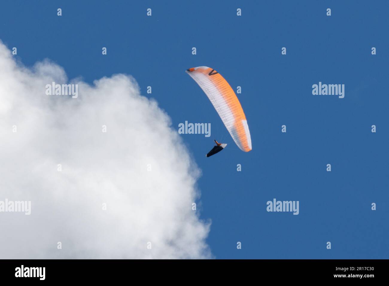 Paragliding unter blauem Himmel in Sussex, Großbritannien. Gleitschirme werden an einem Gurtzeug unter einem Dach aufgehängt, damit sie durch den Himmel gleiten können. Stockfoto