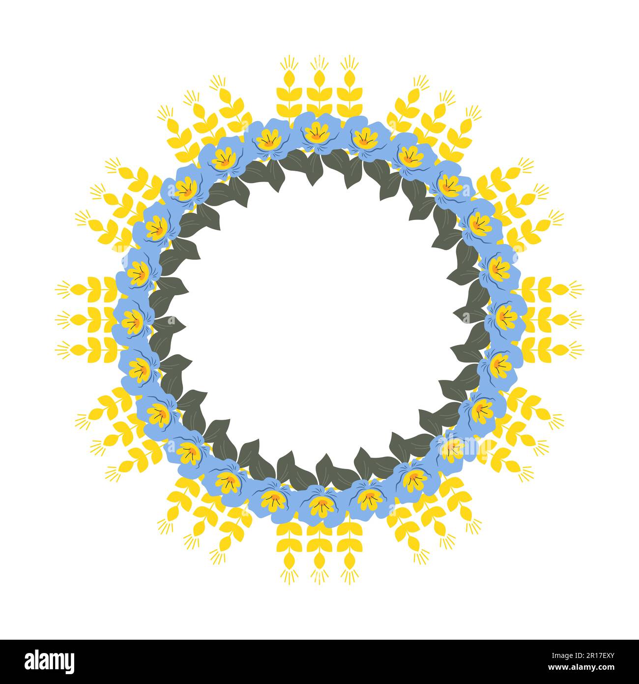 Kranzrahmen aus Dornen und Blumen in Gelb und Blau. Vektordarstellung einer Isolierung. Ukrainische Nationalfarben Stock Vektor