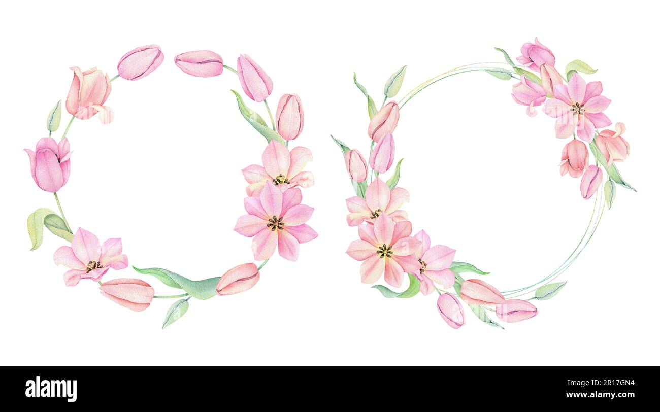Set aus zwei Rahmen mit pinkfarbenen Tulpenblüten in einem Kreis. Der Text befindet sich in der Mitte. Grußkartenvorlage mit Platz für Text. Frühlingskranz. Handgezeichnet Stockfoto
