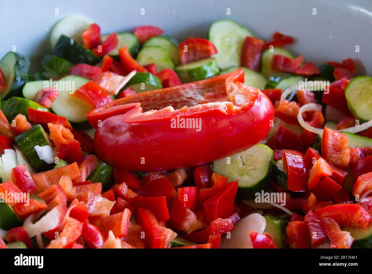 Salat mit gehackten frischen bulgarischen Pfeffergurken und Zwiebeln in einer Schüssel Stockfoto