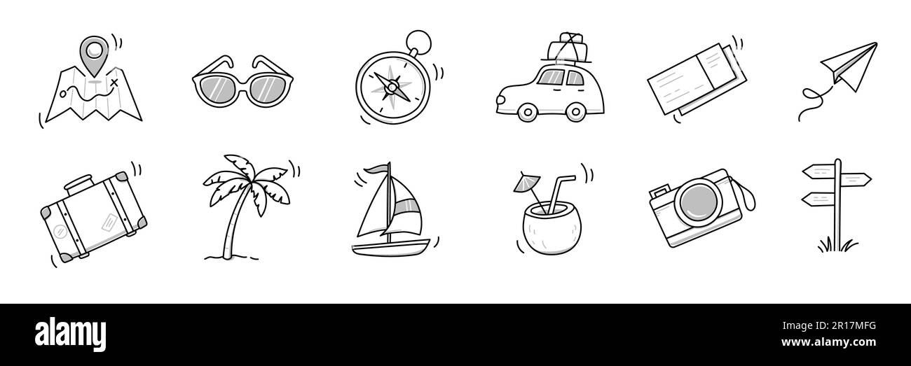 Gezeichneter Symbolsatz für Sommerurlaube. Handgezeichnete Skizze im Doodle-Stil Sommerausflug, Urlaubsikone. Kamera, Reisetasche, Handballenelement. Lustige touristische Vektordarstellung. Stock Vektor