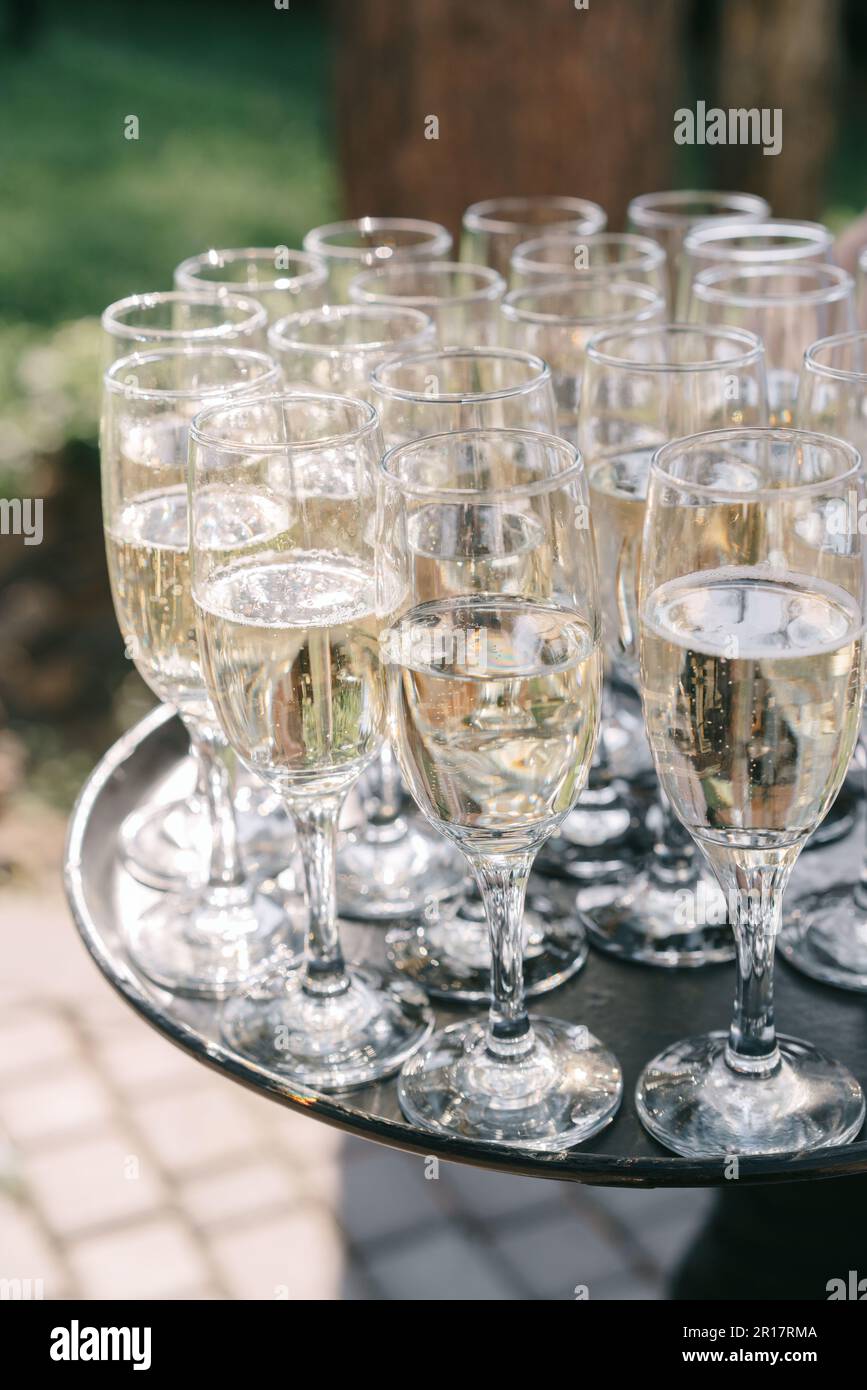 Es wurde ein Hochzeitstisch im Waldstil serviert Stockfoto