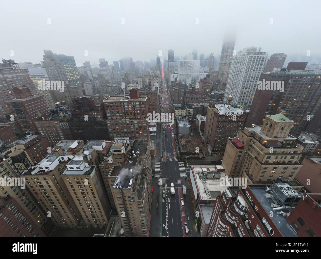 Mahnattan-Drohnen-Panorama im Winter Stockfoto