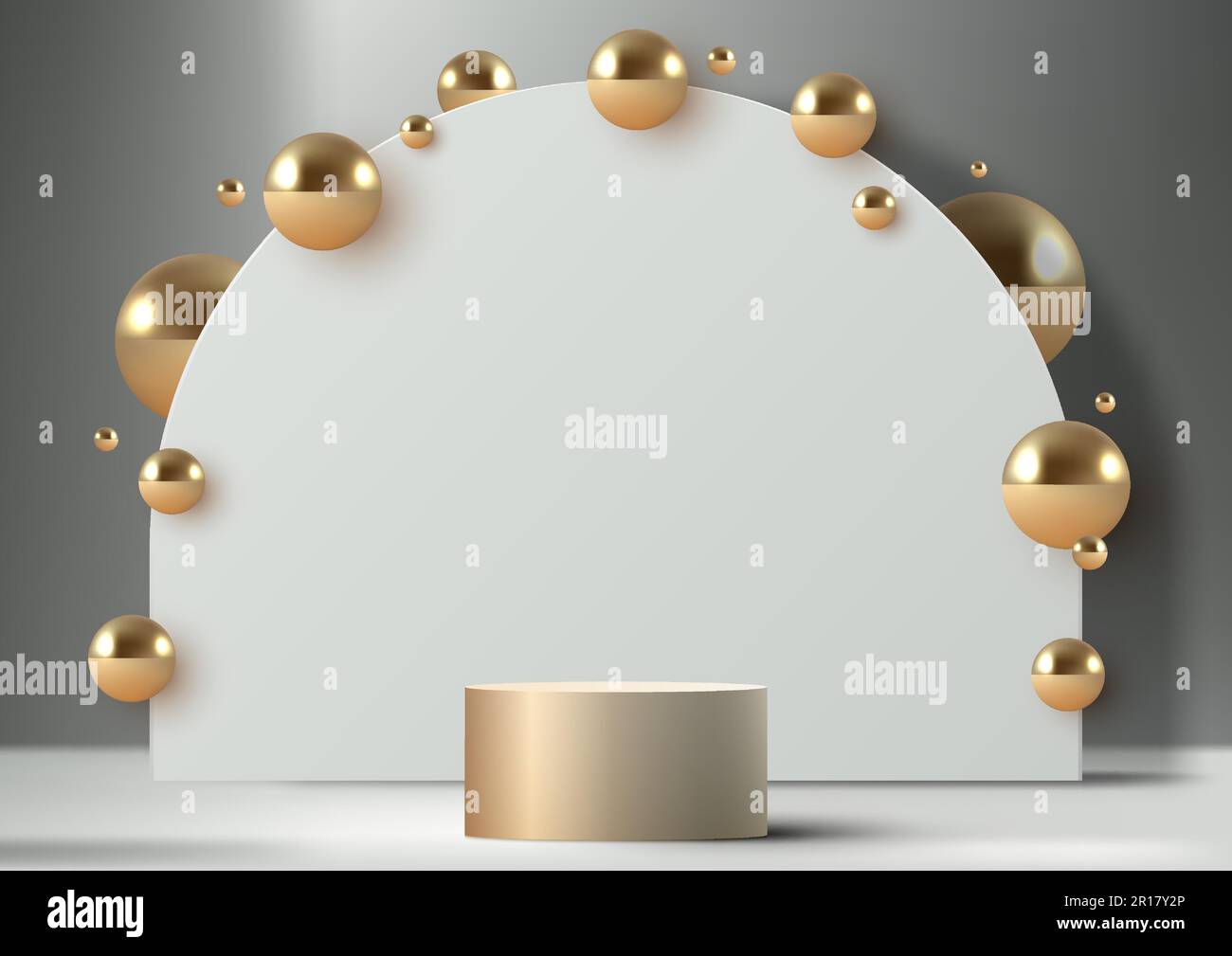 3D realistische, moderne, luxuriöse goldene Podiumständer mit weißem geometrischem abgerundetem Hintergrund und goldenen Kugeln auf grauem Hintergrund. Sie können für B verwenden Stock Vektor