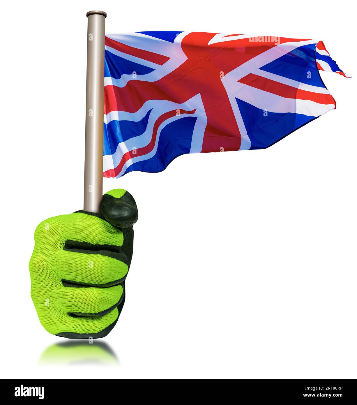 Arbeiter mit Schutzhandschuhen mit einer britischen Flagge (Union Jack Flag), die am Fahnenmast hängt, isoliert auf weißem Hintergrund. England. Stockfoto