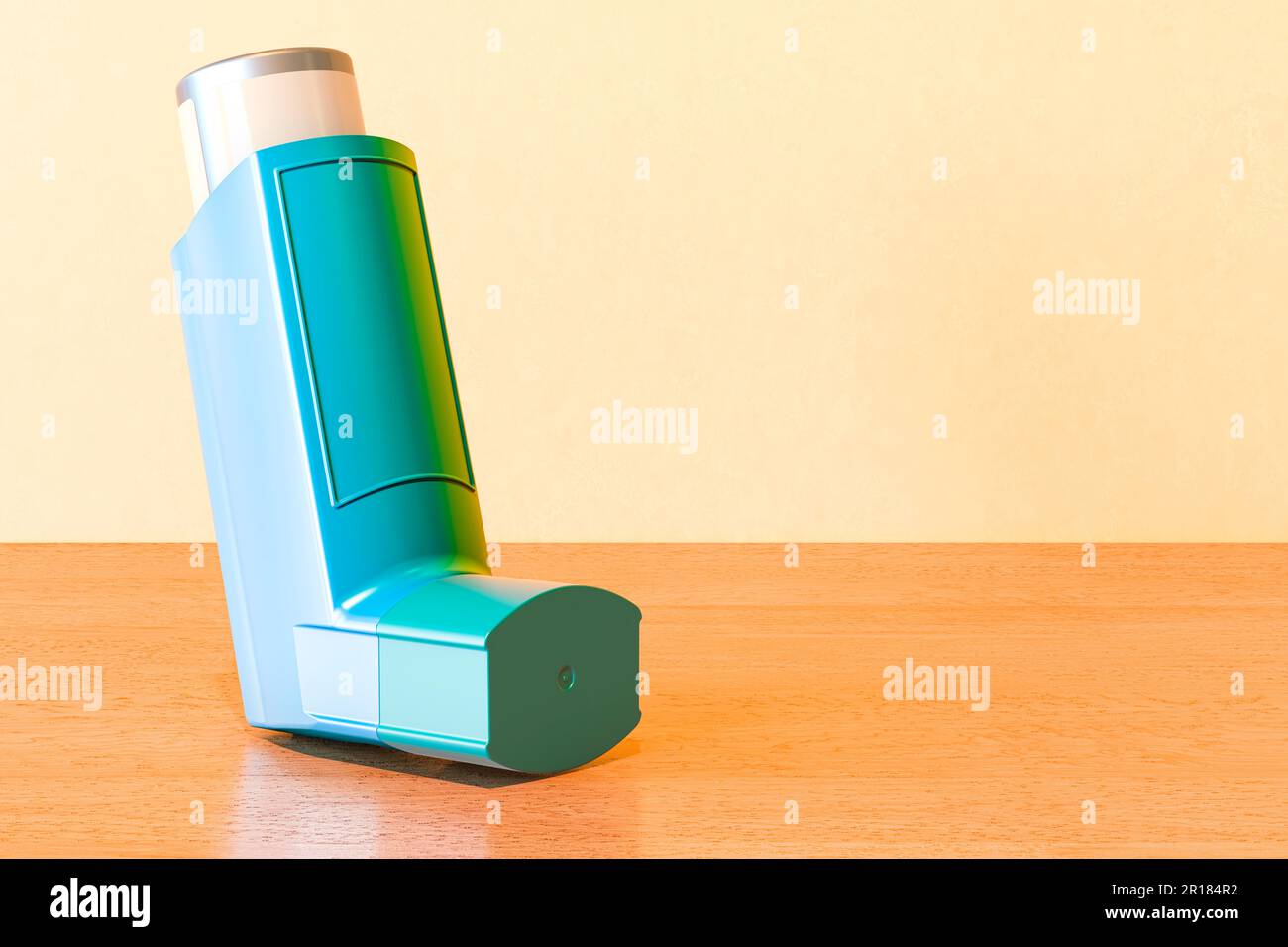 Dosier-Inhalator, MDI auf dem Holztisch, 3D-Rendering Stockfoto