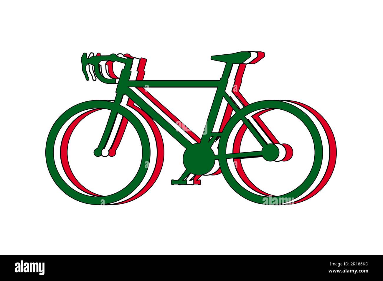 Giro d'Italia, Fahrräder in Silhouette mit den drei Farben der Flagge grün, weiß und rot, wie die italienische Tricolor. Neutraler Hintergrund Stockfoto
