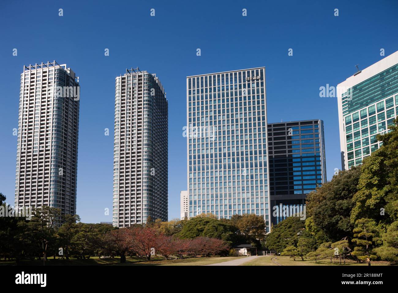 Blick auf Wolkenkratzer am Shiodome von den Hama Rikyu Gardens Stockfoto